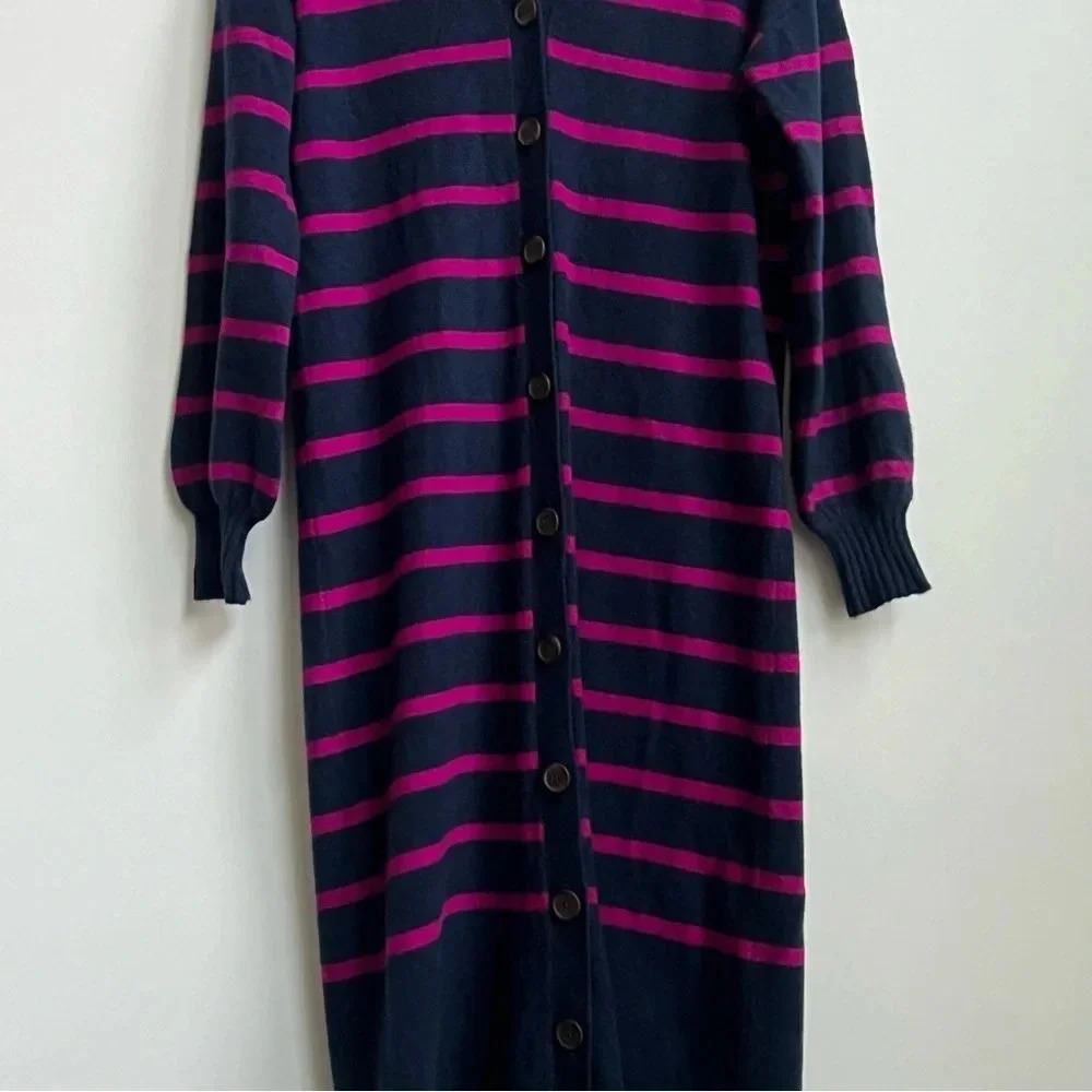 NEW ANN TAYLOR LOFT NAVY BLUE PINK STRIPED LONGLINE CARDIGAN SWEATER MIDI DRESS - Picture 15 of 15
